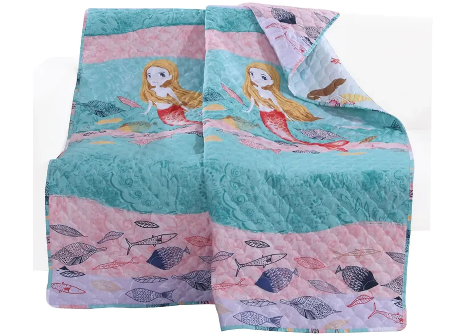 Wini 50 x 60 Inch Quilted Throw Blanket with Fill, Mermaid, Blue, Pink - Benzara