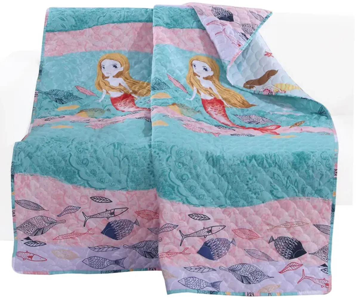 Wini 50 x 60 Inch Quilted Throw Blanket with Fill, Mermaid, Blue, Pink - Benzara