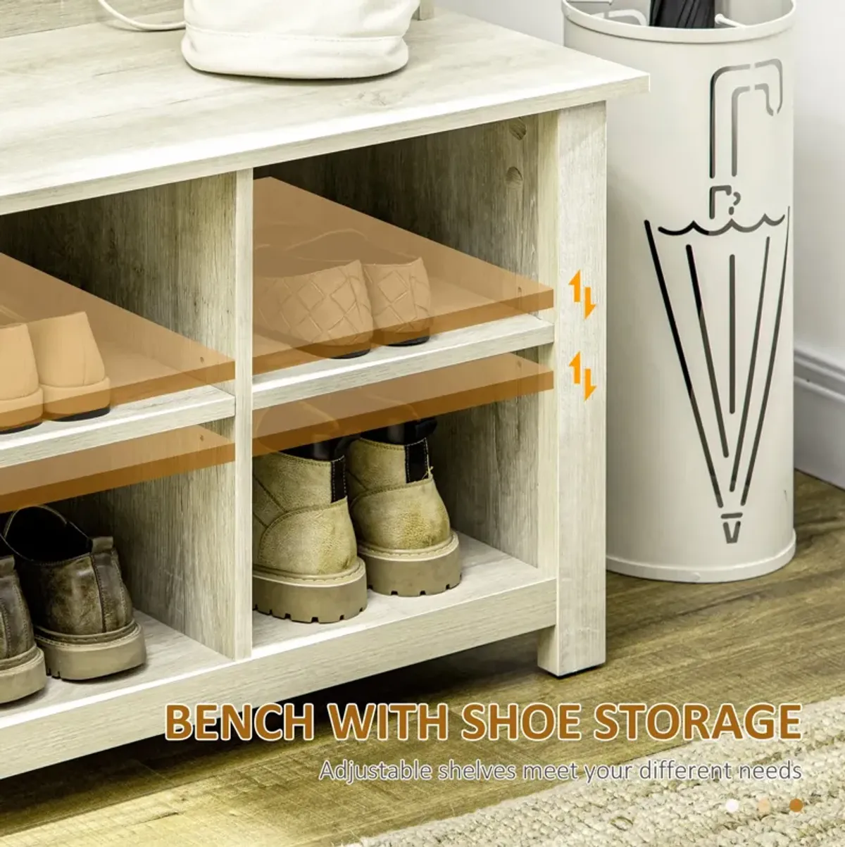 White Entryway Organizer: Hall Tree with Shoe Bench & Coat Rack