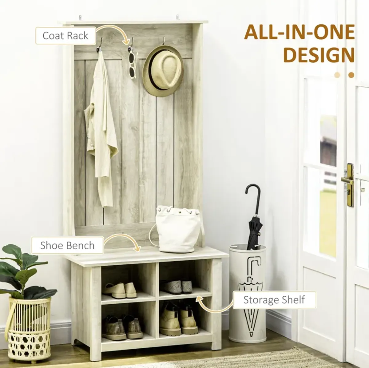 White Entryway Organizer: Hall Tree with Shoe Bench & Coat Rack