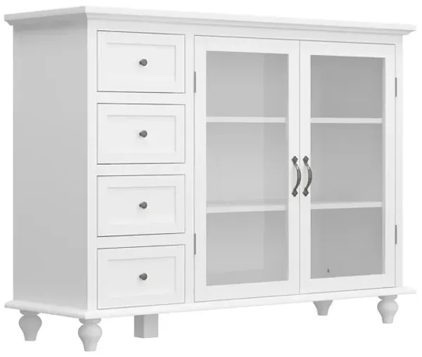White Wooden Accent Storage Cabinet, Sideboard, Wine Storage Cabinet with 4 Drawers and 3-Tier of Shelf