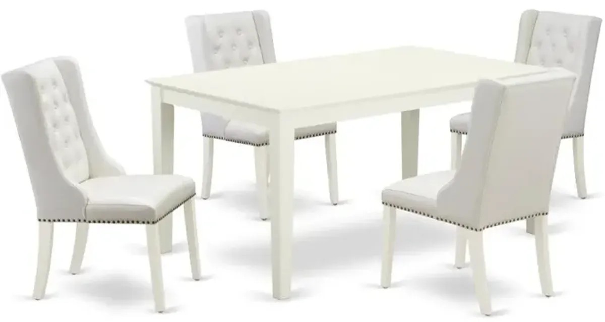 East West Furniture CAFO5-LWH-44 5-Piece Kitchen Dining Set Includes 1 Capri Rectangular Dining Table and 4 Light Grey Linen Fabric Parson Dining Chairs with Button Tufted Back - Linen White Finish