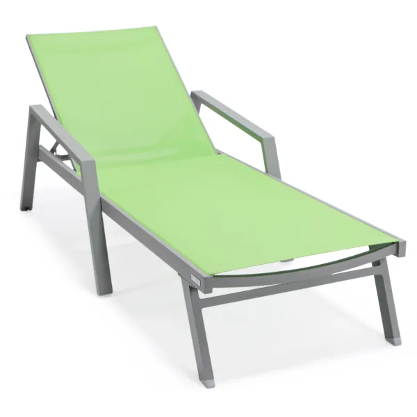 LeisureMod Marlin Patio Chaise Lounge Chair With Armrests in Grey Aluminum Frame