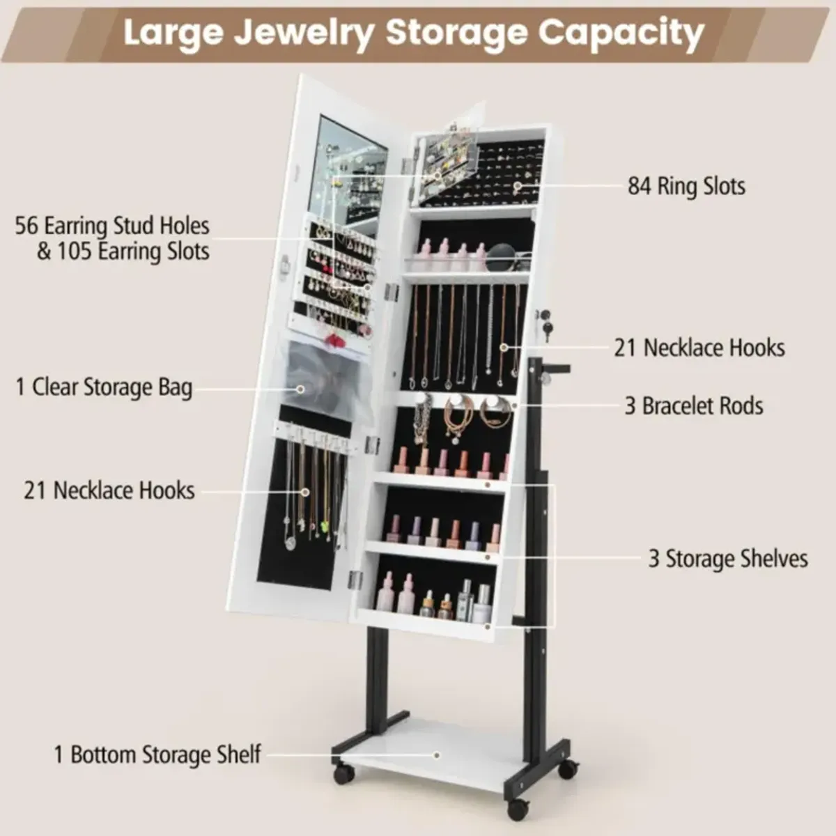 Hivvago 3-Color 46 LED Lights Mirror Jewelry Cabinet Armoire Adjustable Height with Wheels