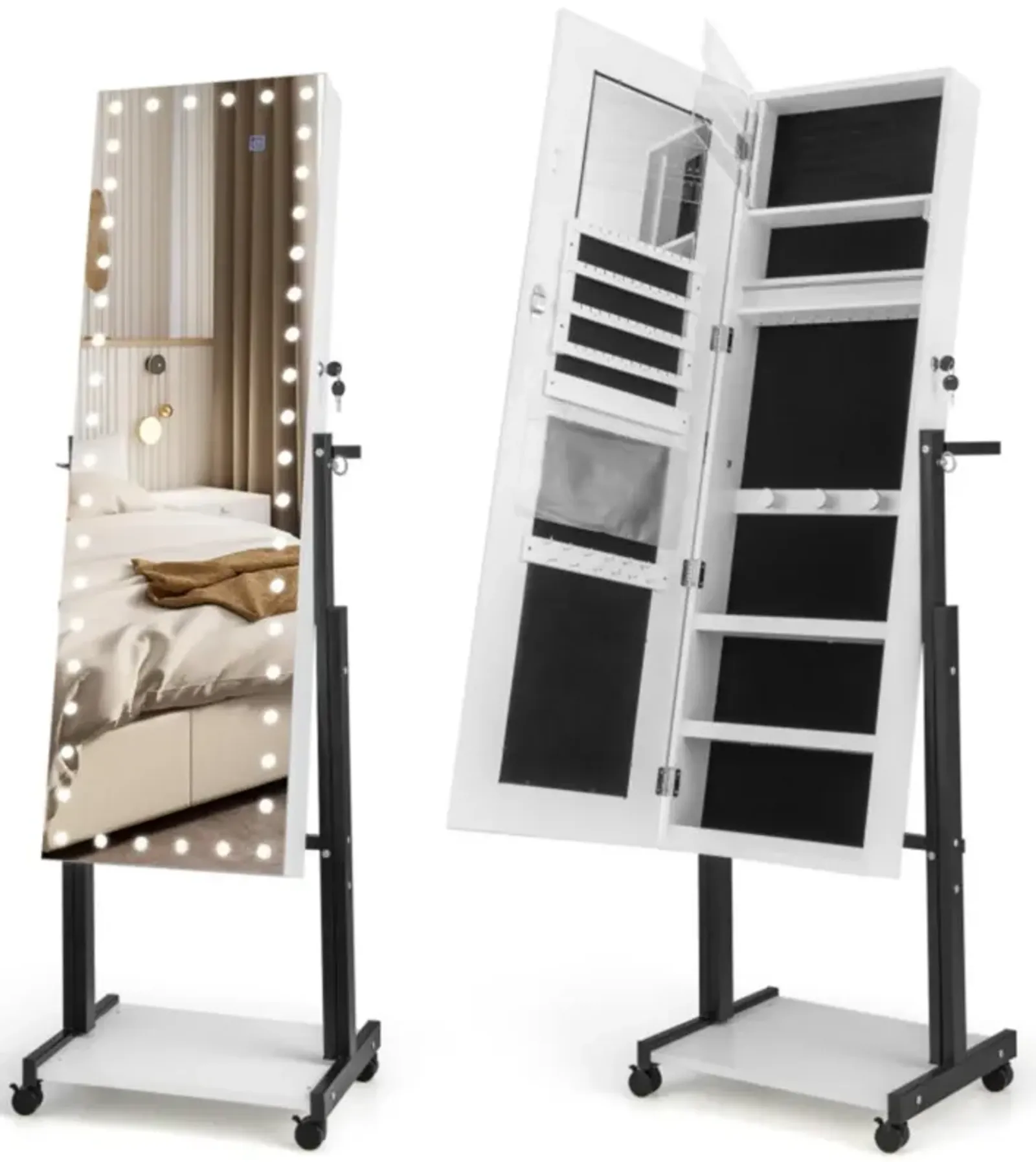 Hivvago 3-Color 46 LED Lights Mirror Jewelry Cabinet Armoire Adjustable Height with Wheels