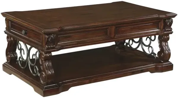 2 Drawer Scroll Lift Top Cocktail Table with Open Bottom Shelf, Brown-Benzara