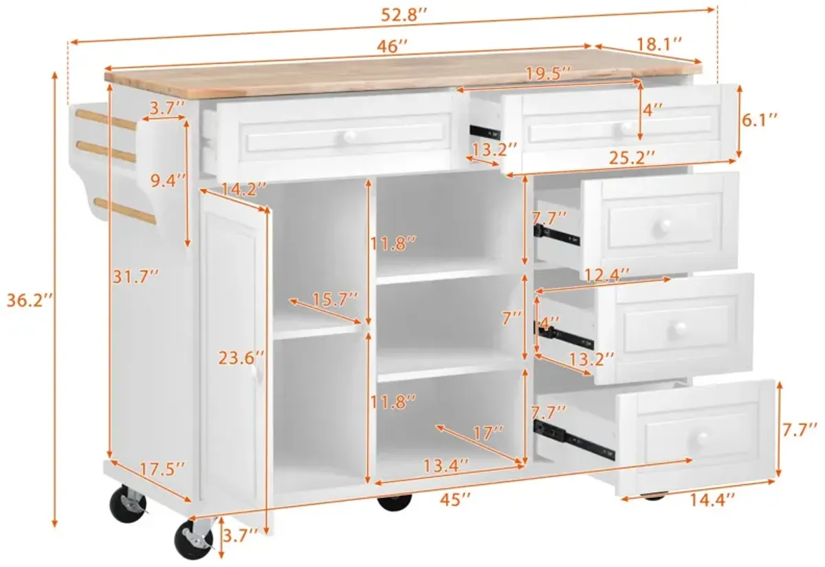 Rolling Kitchen Cart With Rubber Wood Desktop And 5 Draws