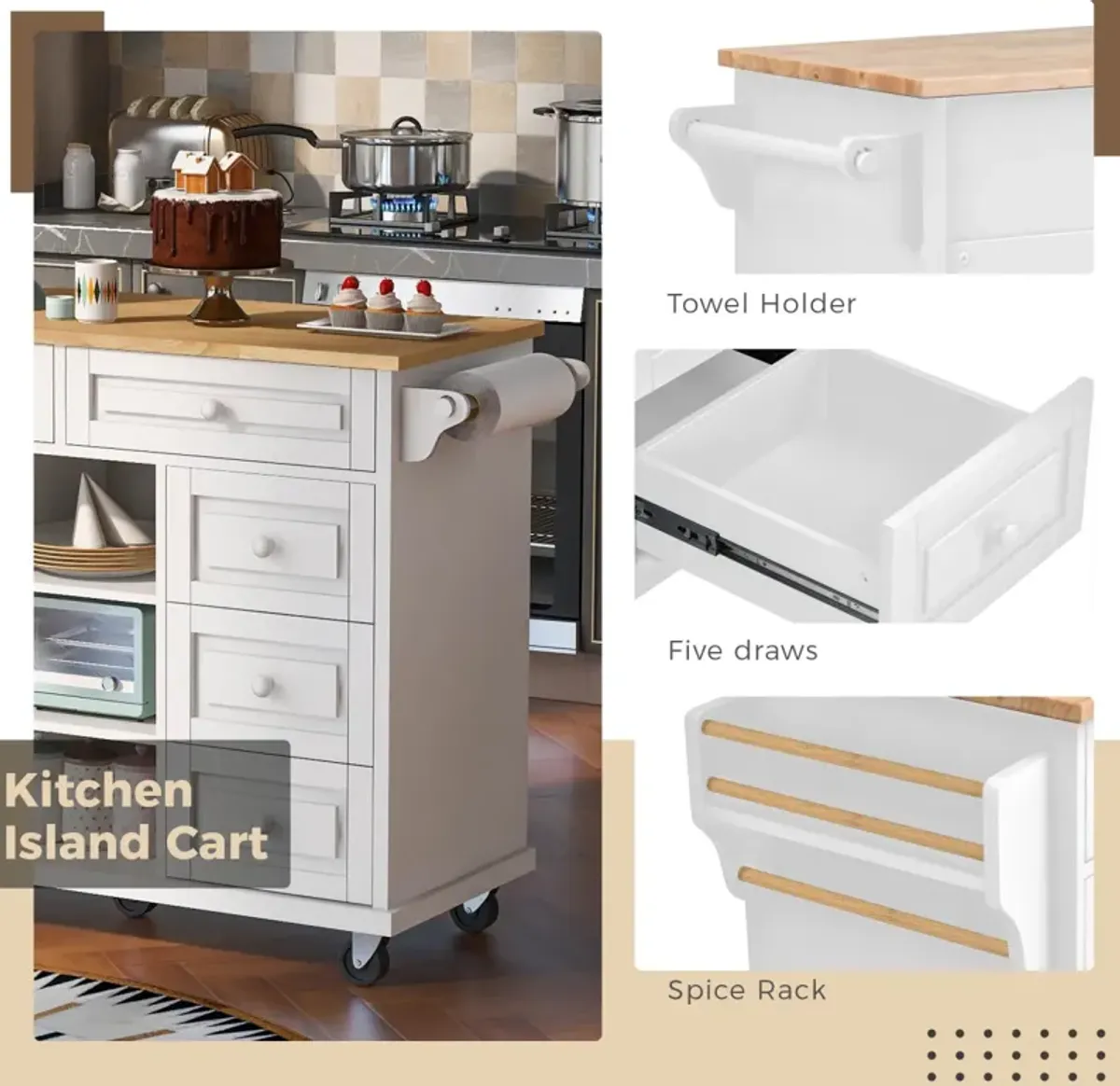 Rolling Kitchen Cart With Rubber Wood Desktop And 5 Draws