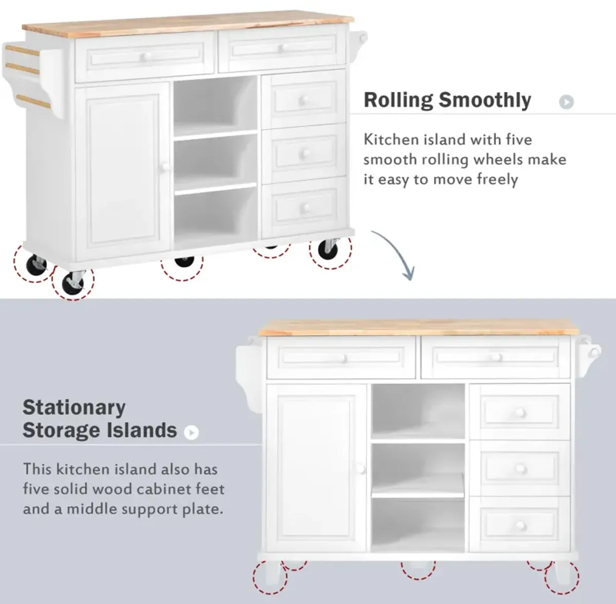 Rolling Kitchen Cart With Rubber Wood Desktop And 5 Draws