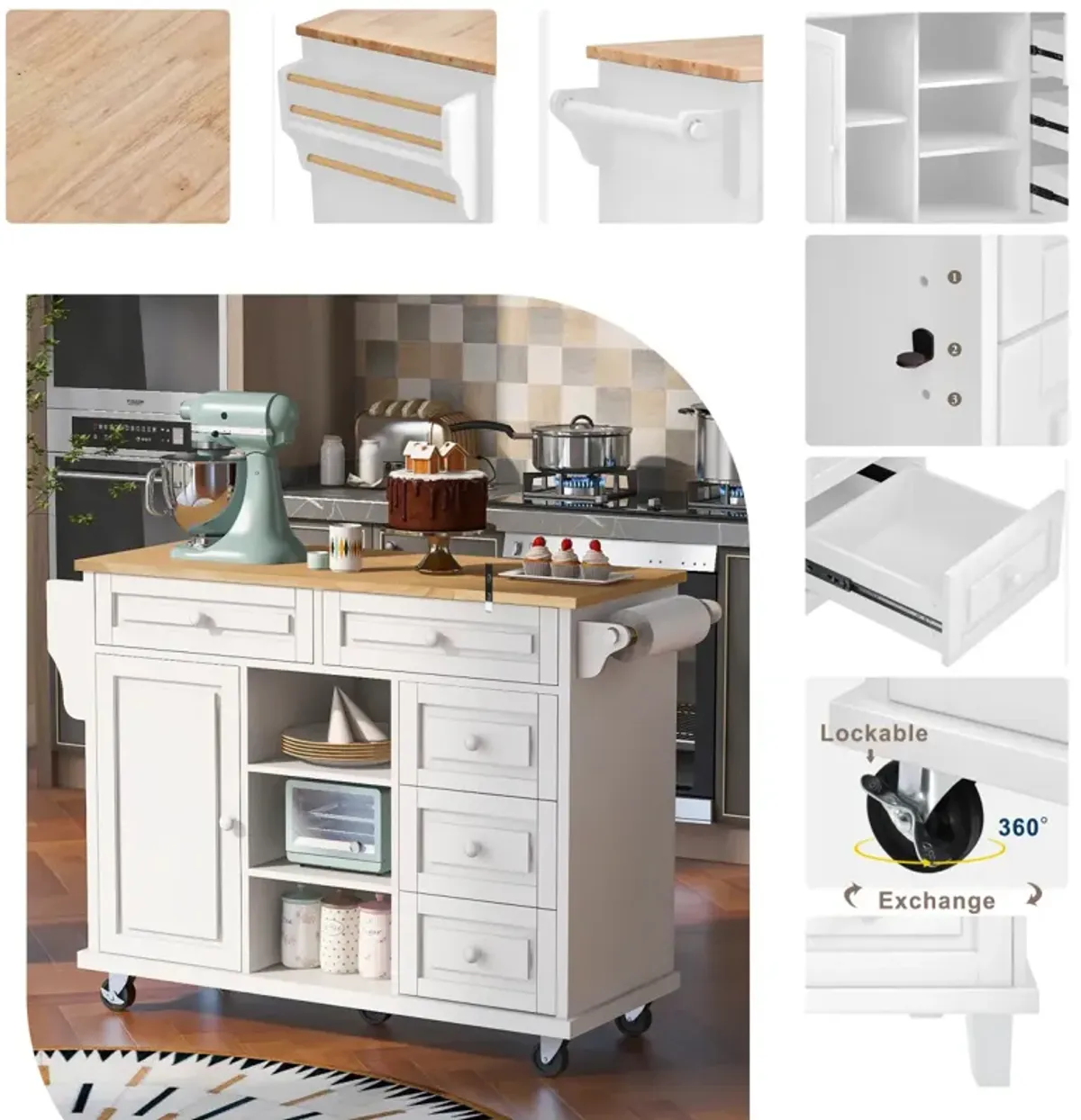 Rolling Kitchen Cart With Rubber Wood Desktop And 5 Draws