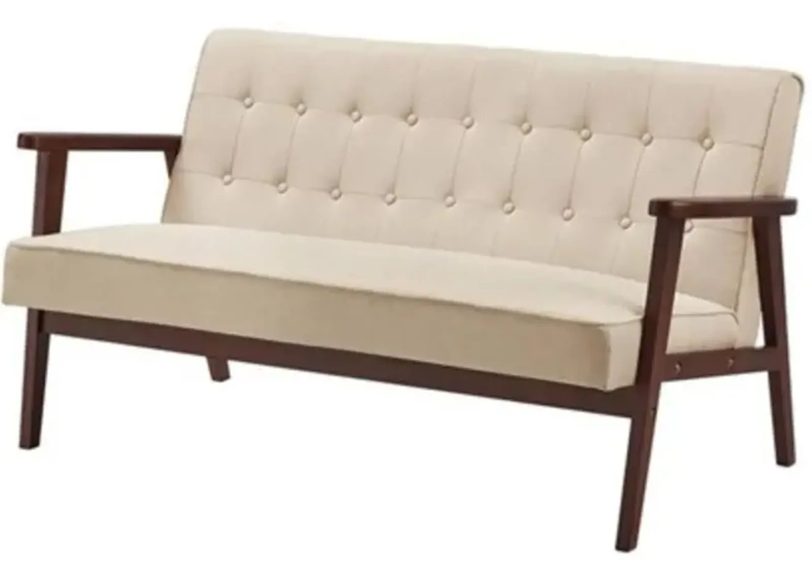 Mid Century Modern Wood Frame Loveseat Sofa Couch with Beige Seat/Back Cushion