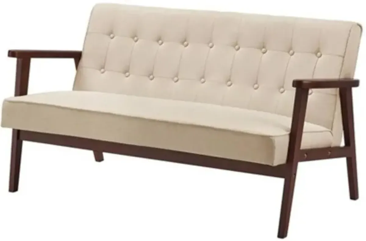 Mid Century Modern Wood Frame Loveseat Sofa Couch with Beige Seat/Back Cushion