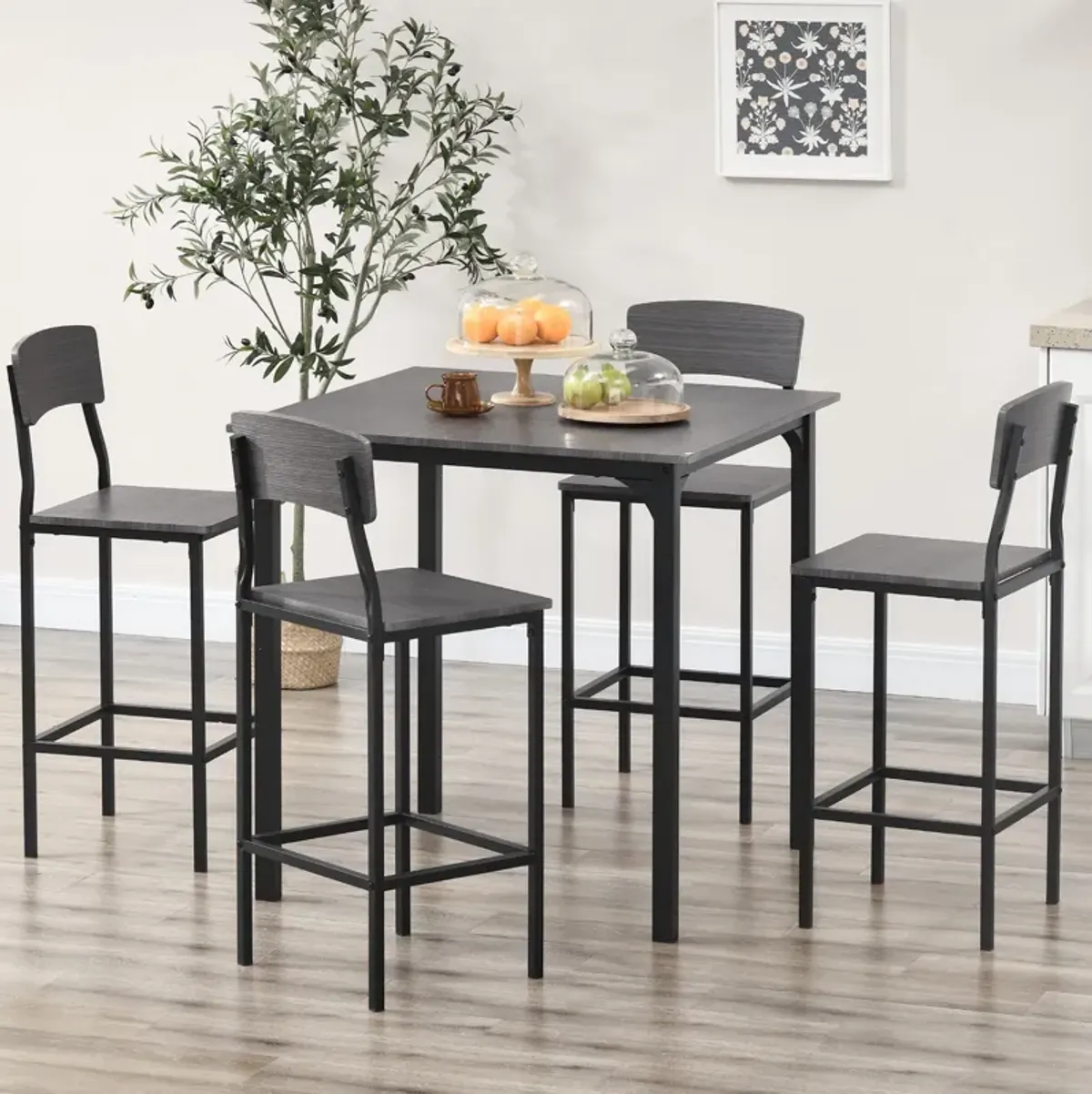 Counter Height Dining Set: 4-Person, Square Table, Metal Legs, Gray