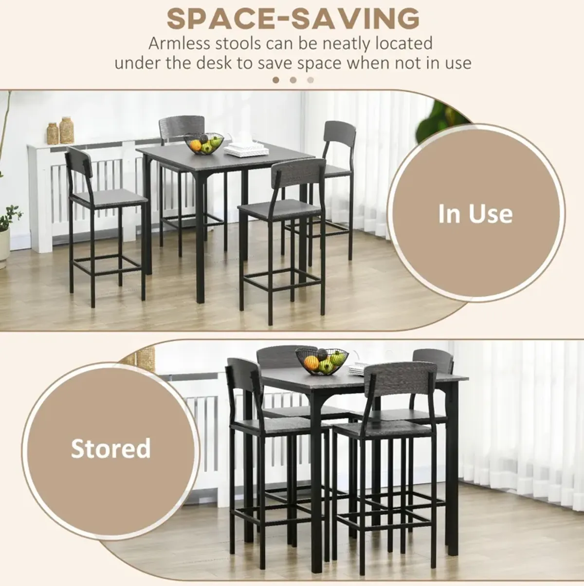 Counter Height Dining Set: 4-Person, Square Table, Metal Legs, Gray