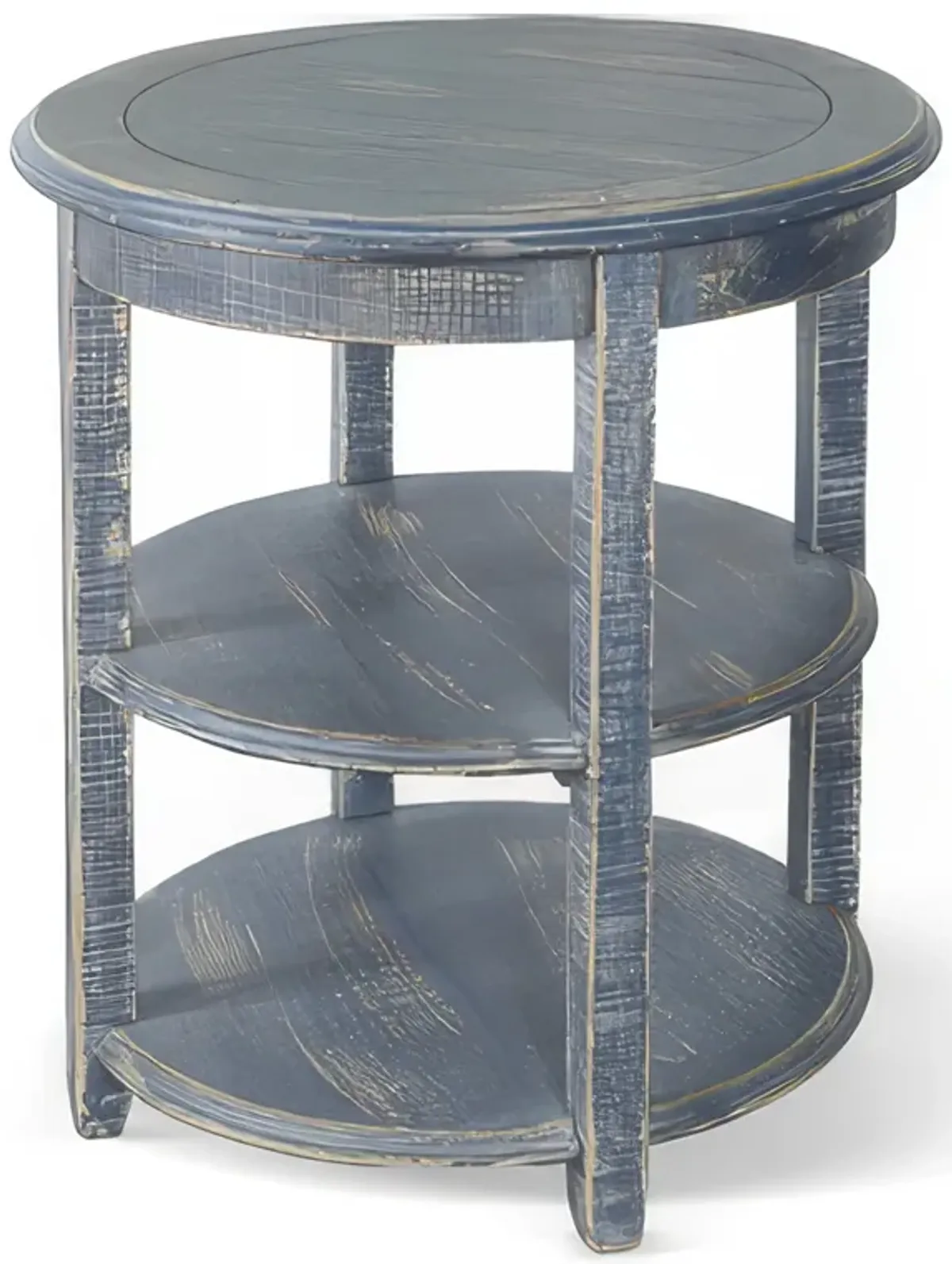 Rena Side End Table, Scallop Trim, 28 Inch Distressed Blue Mahogany - Benzara