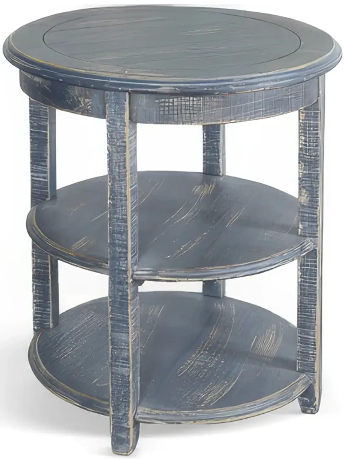 Rena Side End Table, Scallop Trim, 28 Inch Distressed Blue Mahogany - Benzara