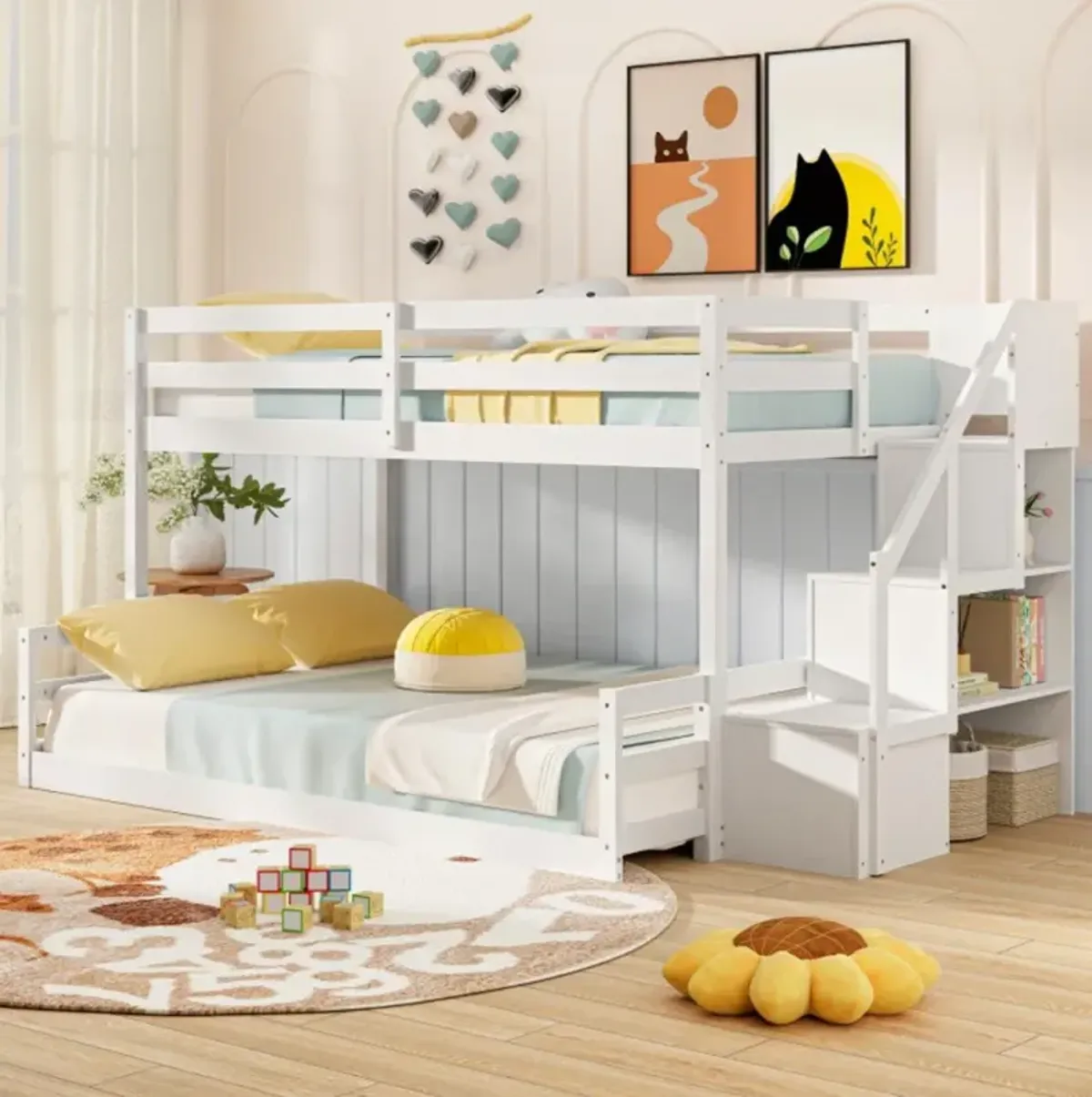 Hivvago Solid Wood Twin Over Full Low Bunk Bed with Storage Stairs