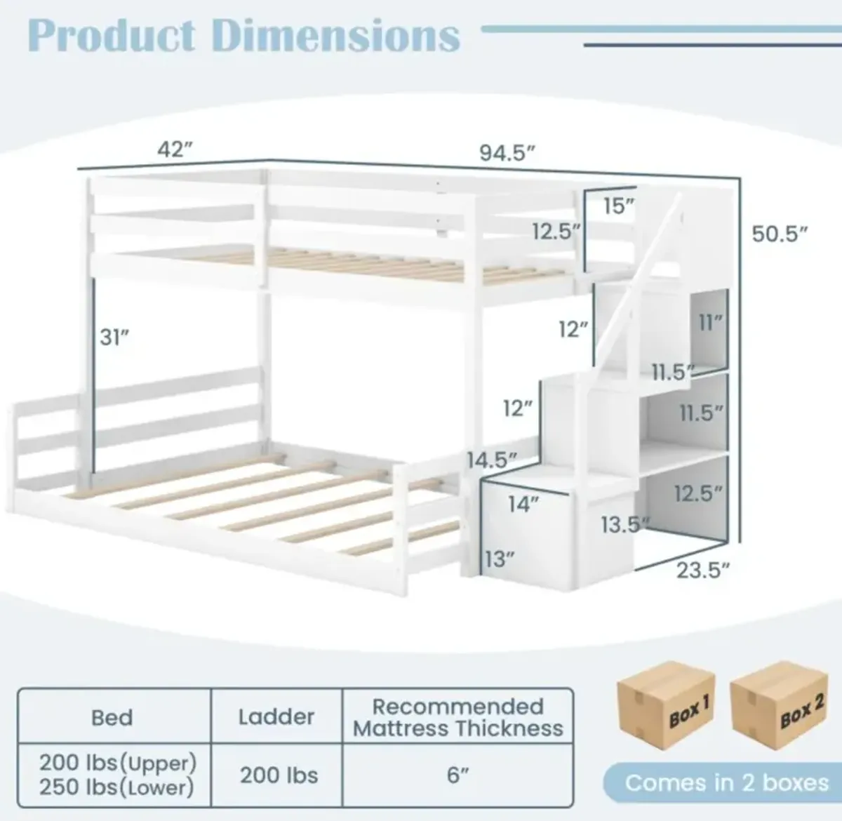 Hivvago Solid Wood Twin Over Full Low Bunk Bed with Storage Stairs