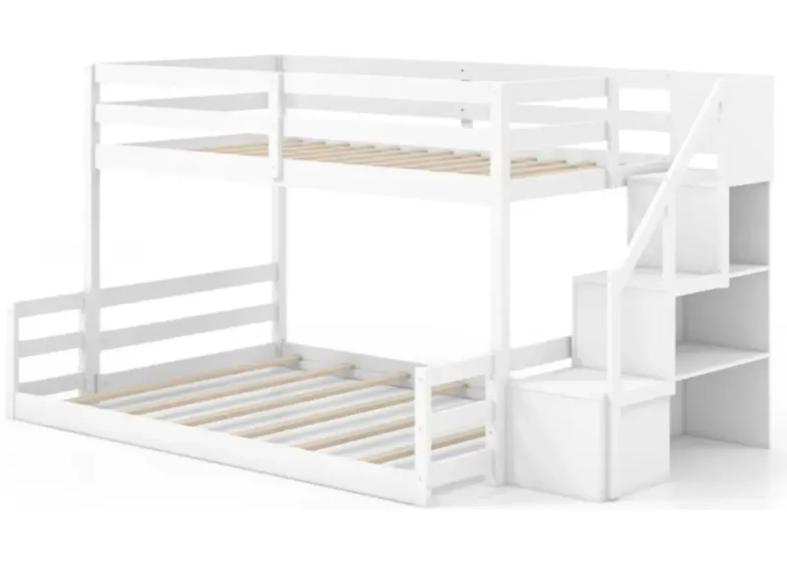 Hivvago Solid Wood Twin Over Full Low Bunk Bed with Storage Stairs