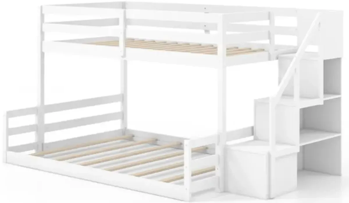 Hivvago Solid Wood Twin Over Full Low Bunk Bed with Storage Stairs