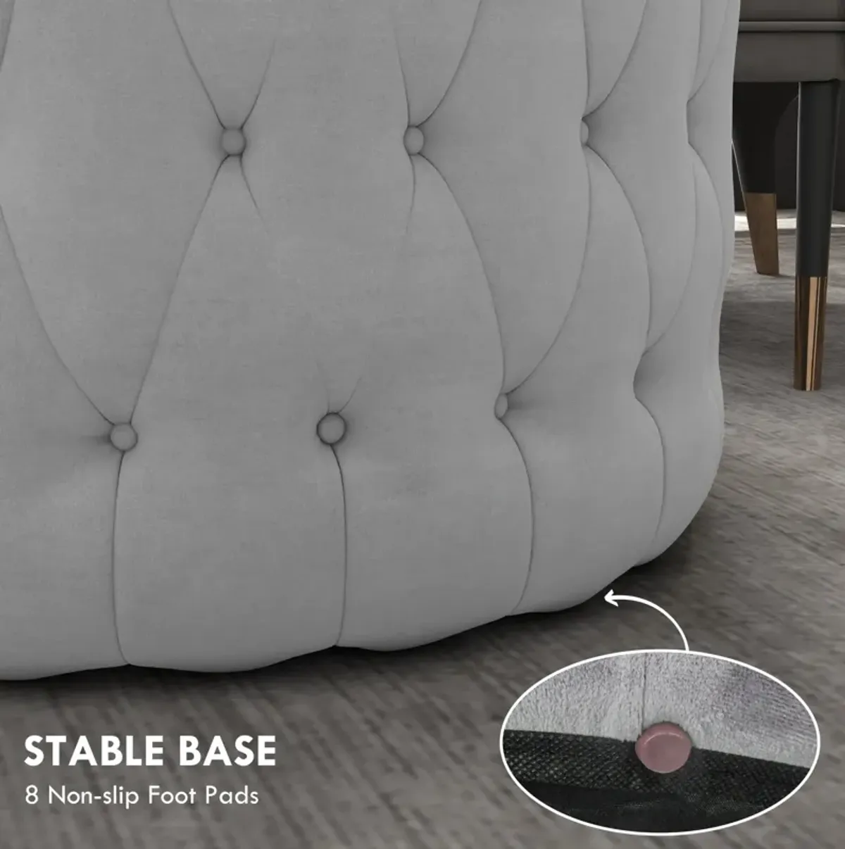 Gray Velvet-Feel Round Ottoman: Button Tufted, Padded Seat