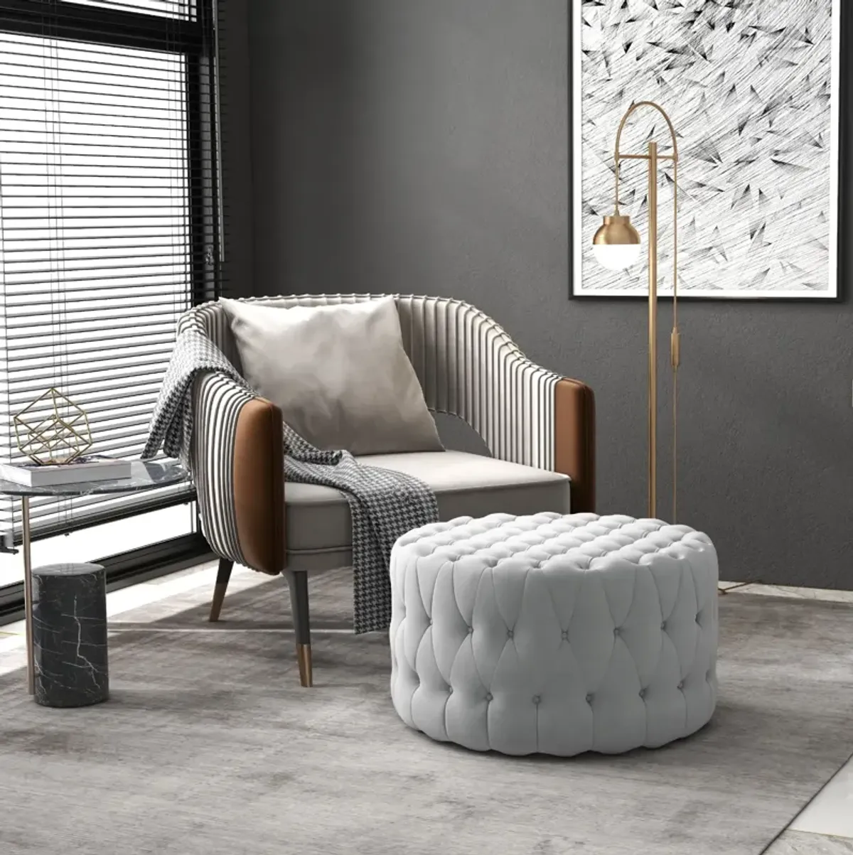 Gray Velvet-Feel Round Ottoman: Button Tufted, Padded Seat