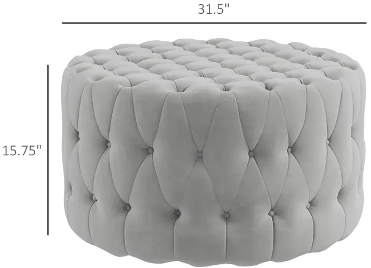 Gray Velvet-Feel Round Ottoman: Button Tufted, Padded Seat