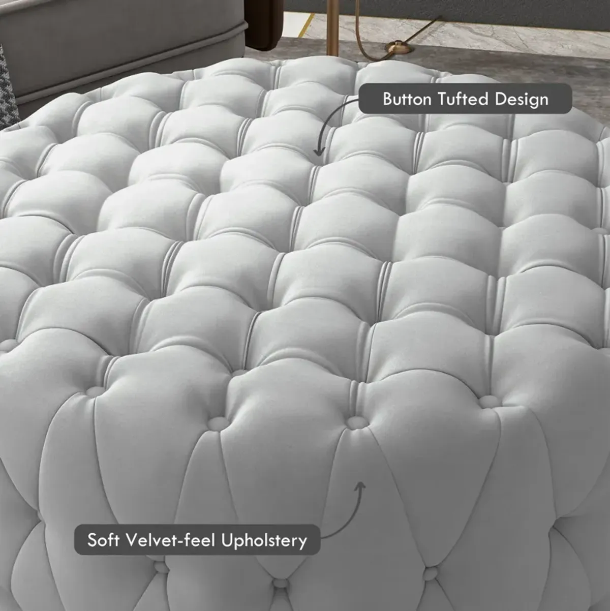 Gray Velvet-Feel Round Ottoman: Button Tufted, Padded Seat