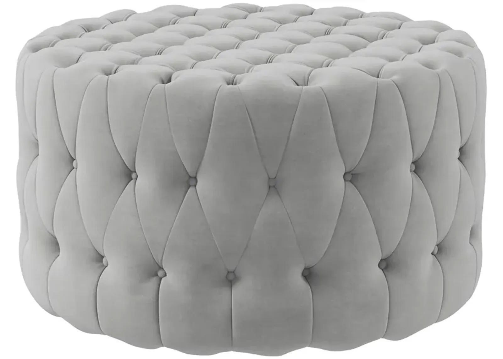 Gray Velvet-Feel Round Ottoman: Button Tufted, Padded Seat