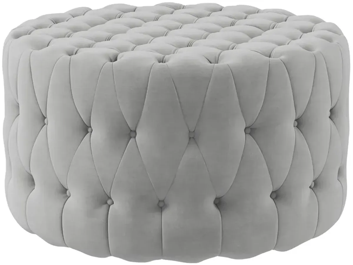 Gray Velvet-Feel Round Ottoman: Button Tufted, Padded Seat