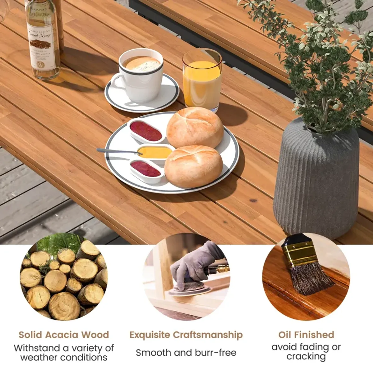 Folding Picnic Table Acacia Wood Dining Table with Metal Frame for Indoor Outdoor Activities