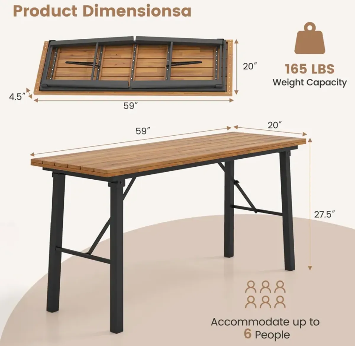 Folding Picnic Table Acacia Wood Dining Table with Metal Frame for Indoor Outdoor Activities