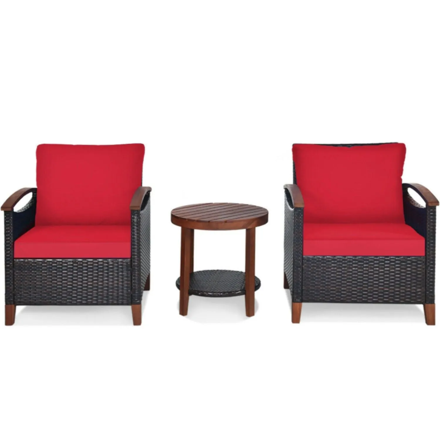 3 Pieces Patio Rattan Furniture Set with Washable Cushion and Acacia Wood Tabletop