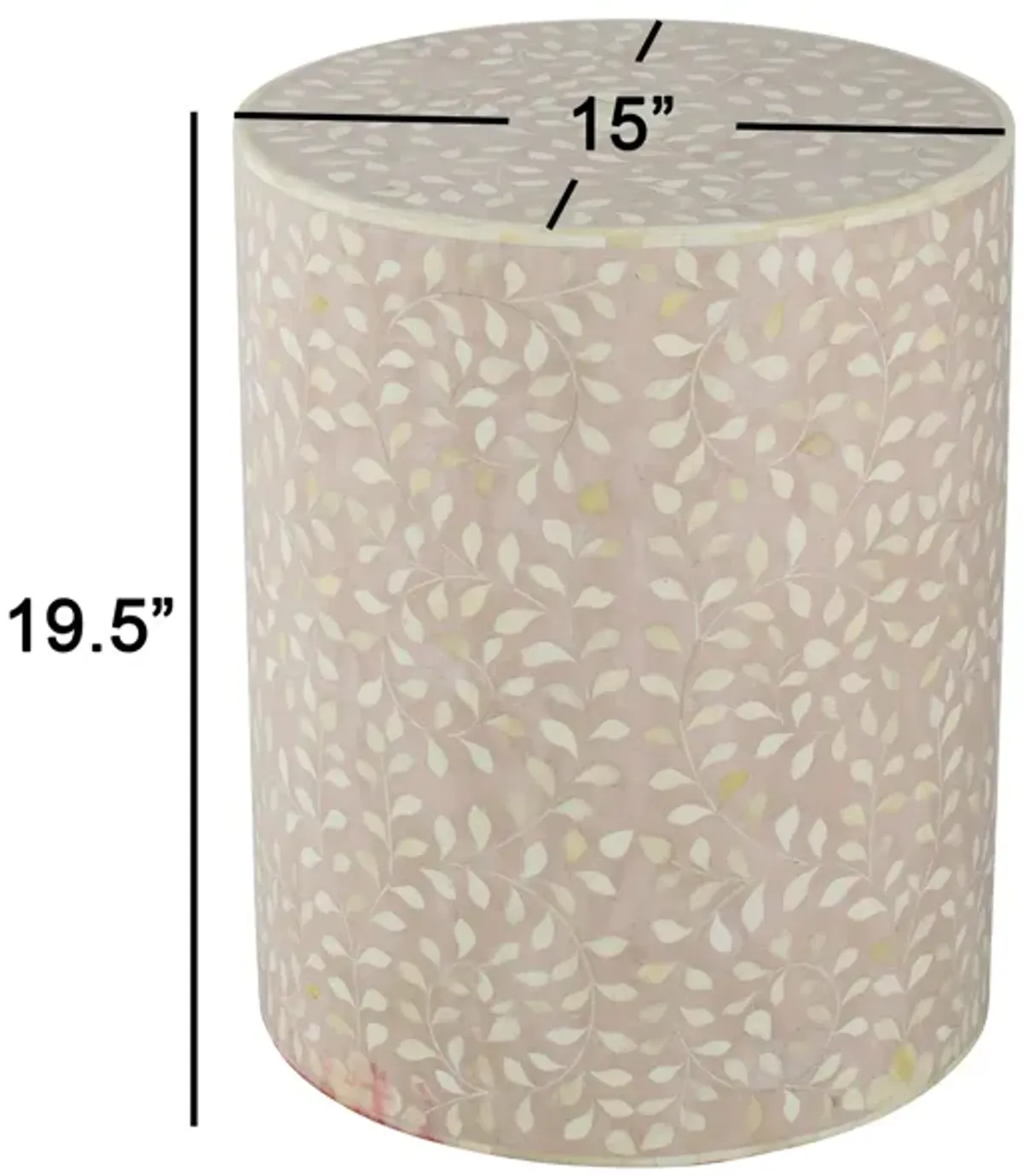 20 Inch Round Side End Table, Filigree Bone Inlay, Wood, Pale Pink, White-Benzara