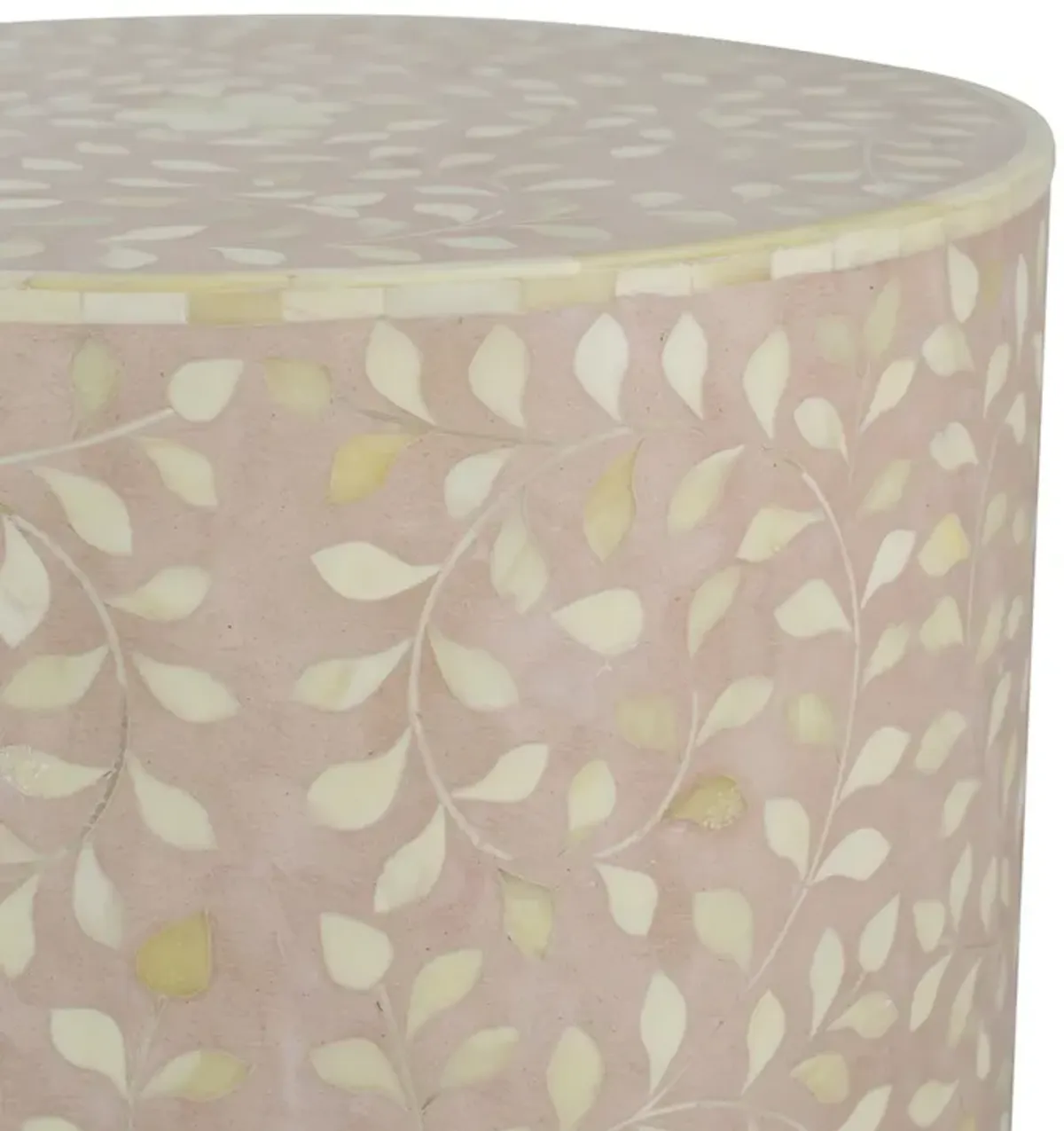 20 Inch Round Side End Table, Filigree Bone Inlay, Wood, Pale Pink, White-Benzara