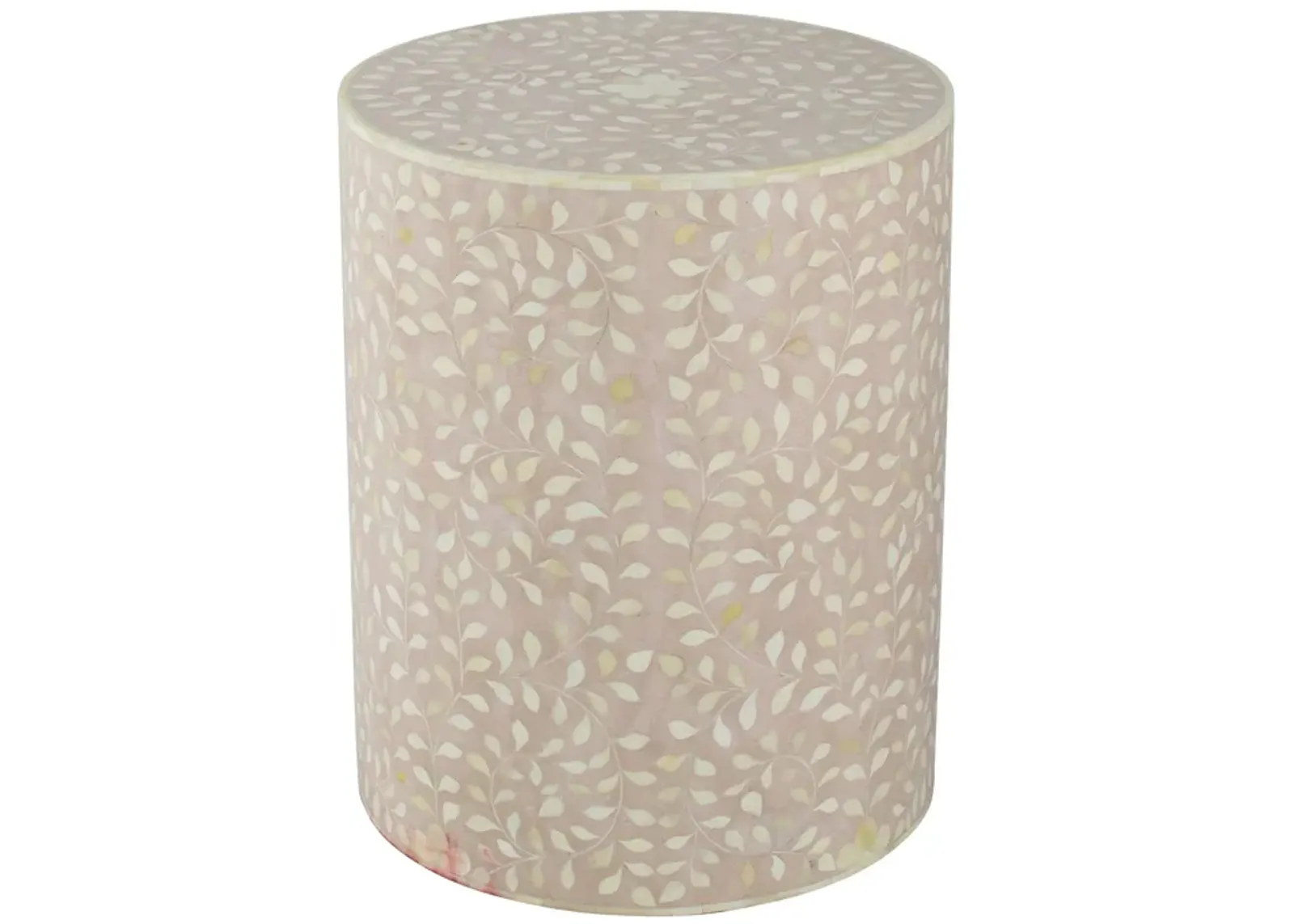 20 Inch Round Side End Table, Filigree Bone Inlay, Wood, Pale Pink, White-Benzara