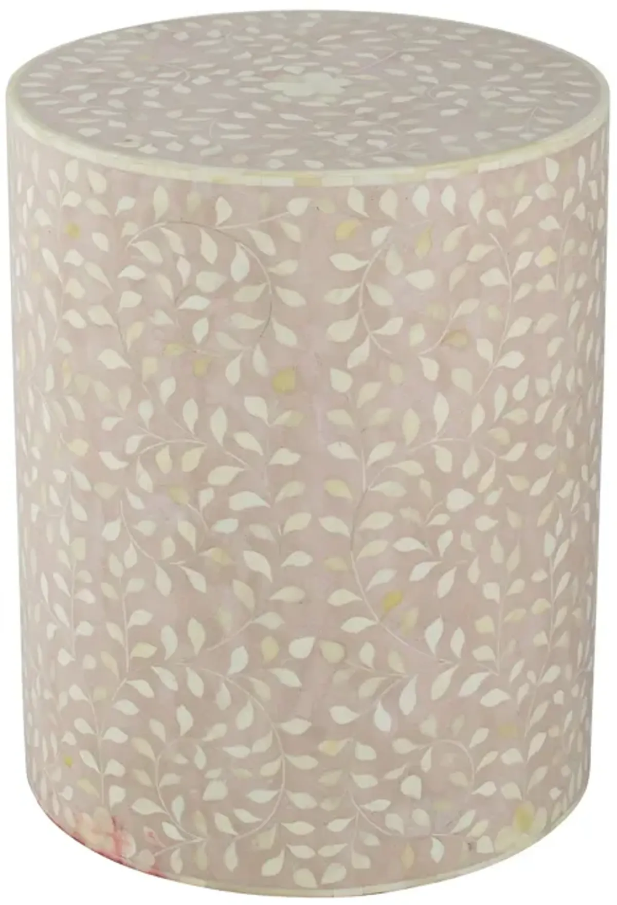 20 Inch Round Side End Table, Filigree Bone Inlay, Wood, Pale Pink, White-Benzara