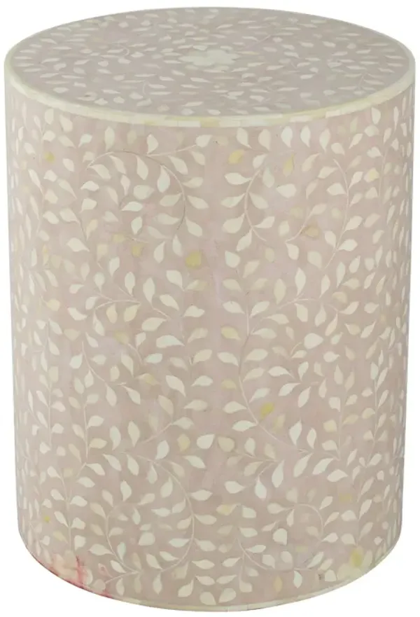 20 Inch Round Side End Table, Filigree Bone Inlay, Wood, Pale Pink, White-Benzara