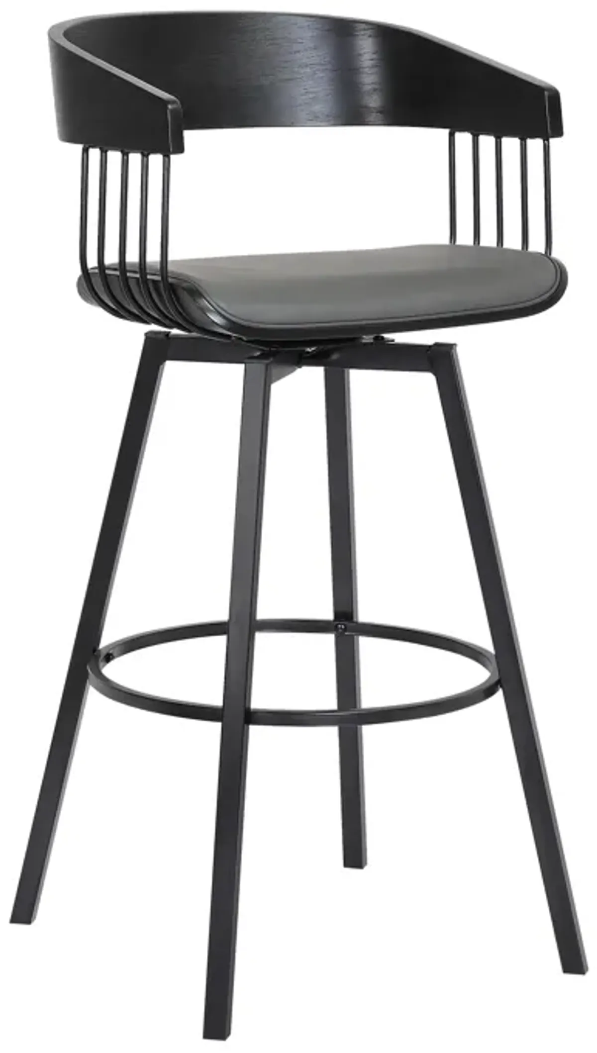 Athena Swivel Black Wood Counter Stool in Grey Faux Leather with Black Metal