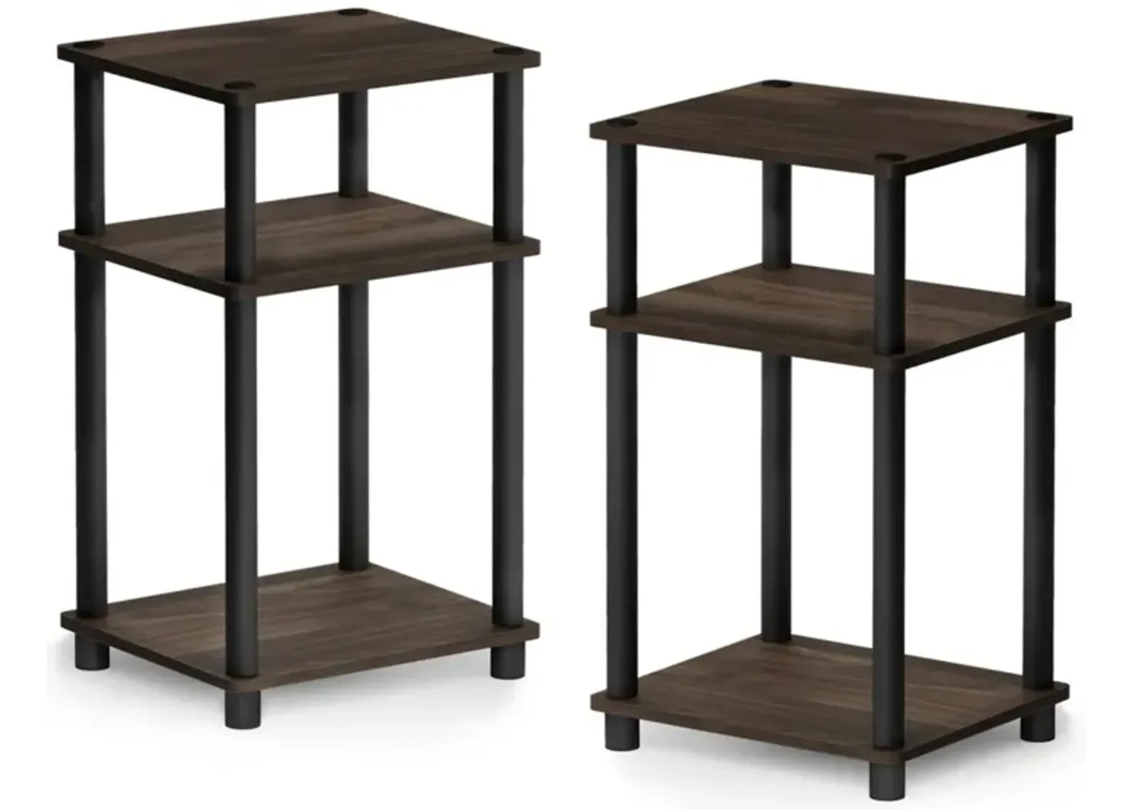 Furinno Just 3-Tier Turn-N-Tube End Table / Side Table / Night Stand / Bedside Table with Plastic Poles, 2-Pack, Columbia Walnut/Black