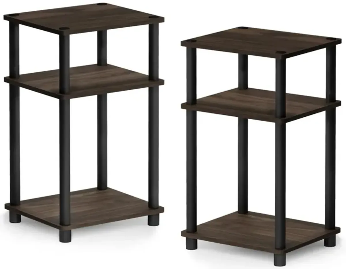 Furinno Just 3-Tier Turn-N-Tube End Table / Side Table / Night Stand / Bedside Table with Plastic Poles, 2-Pack, Columbia Walnut/Black