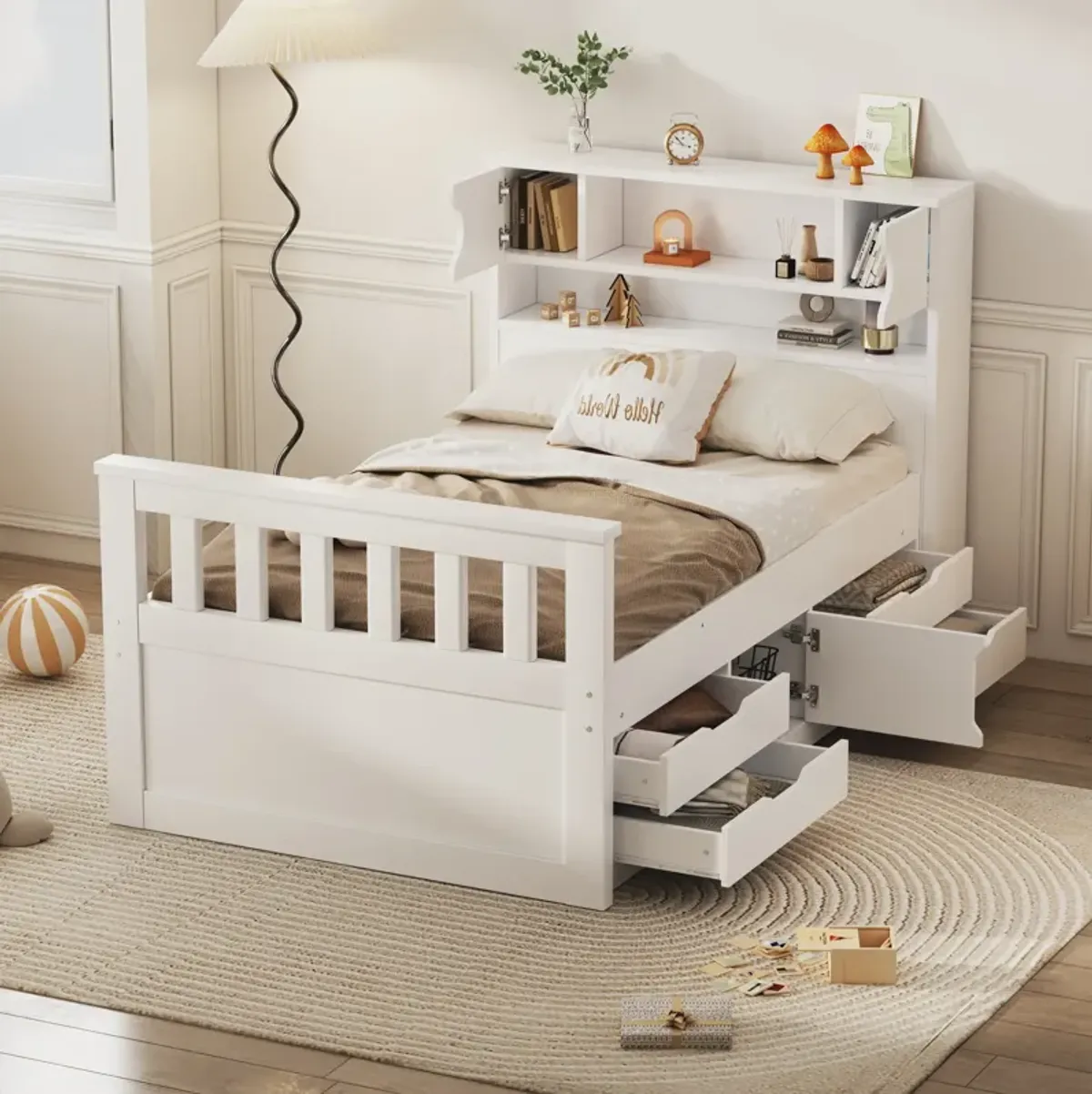 Whisen Twin Size Captain Platform Bed Frame with Storage Bookcases, Drawers and Shelves - Gray