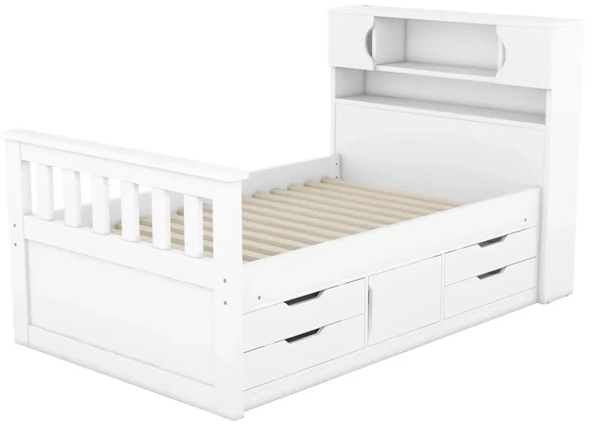 Whisen Twin Size Captain Platform Bed Frame with Storage Bookcases, Drawers and Shelves - Gray