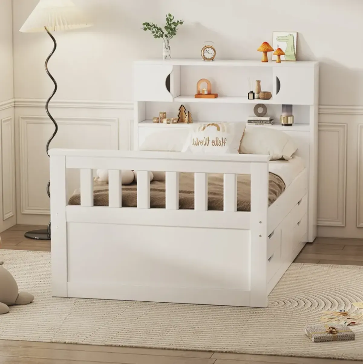 Whisen Twin Size Captain Platform Bed Frame with Storage Bookcases, Drawers and Shelves - Gray