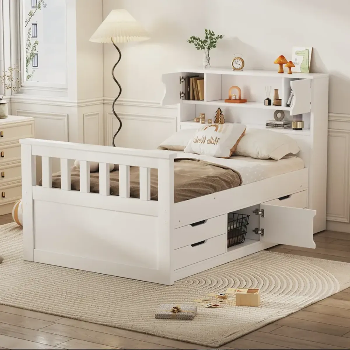Whisen Twin Size Captain Platform Bed Frame with Storage Bookcases, Drawers and Shelves - Gray