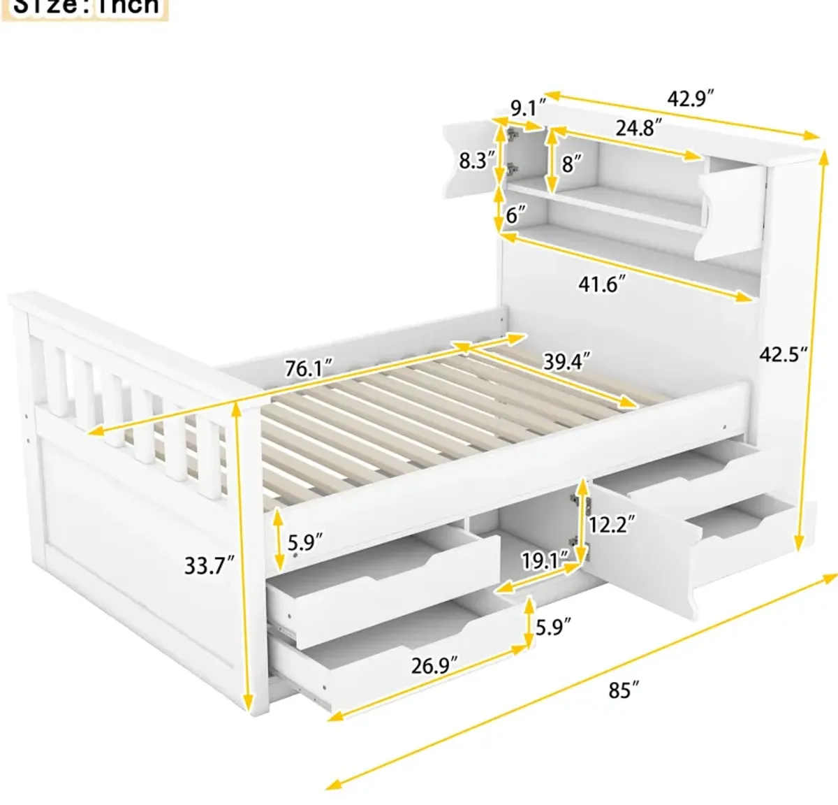 Whisen Twin Size Captain Platform Bed Frame with Storage Bookcases, Drawers and Shelves - Gray