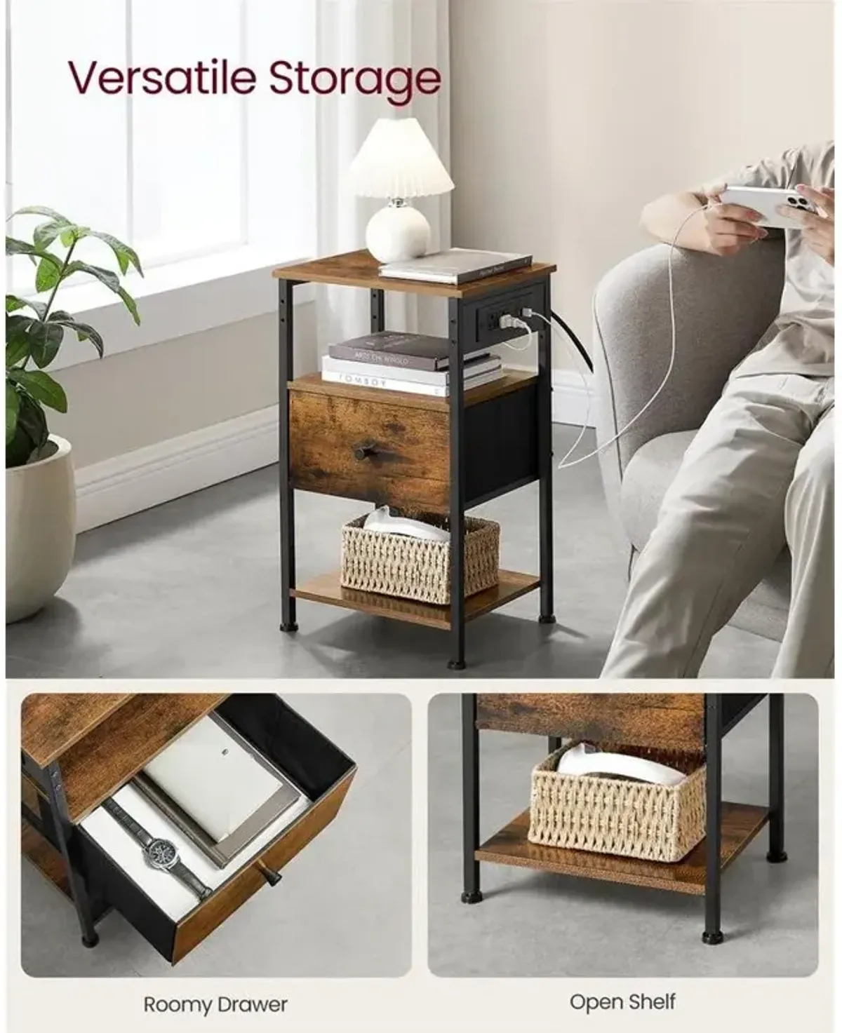 Nightstand with Built-In Charging Station and Storage for Modern Convenience