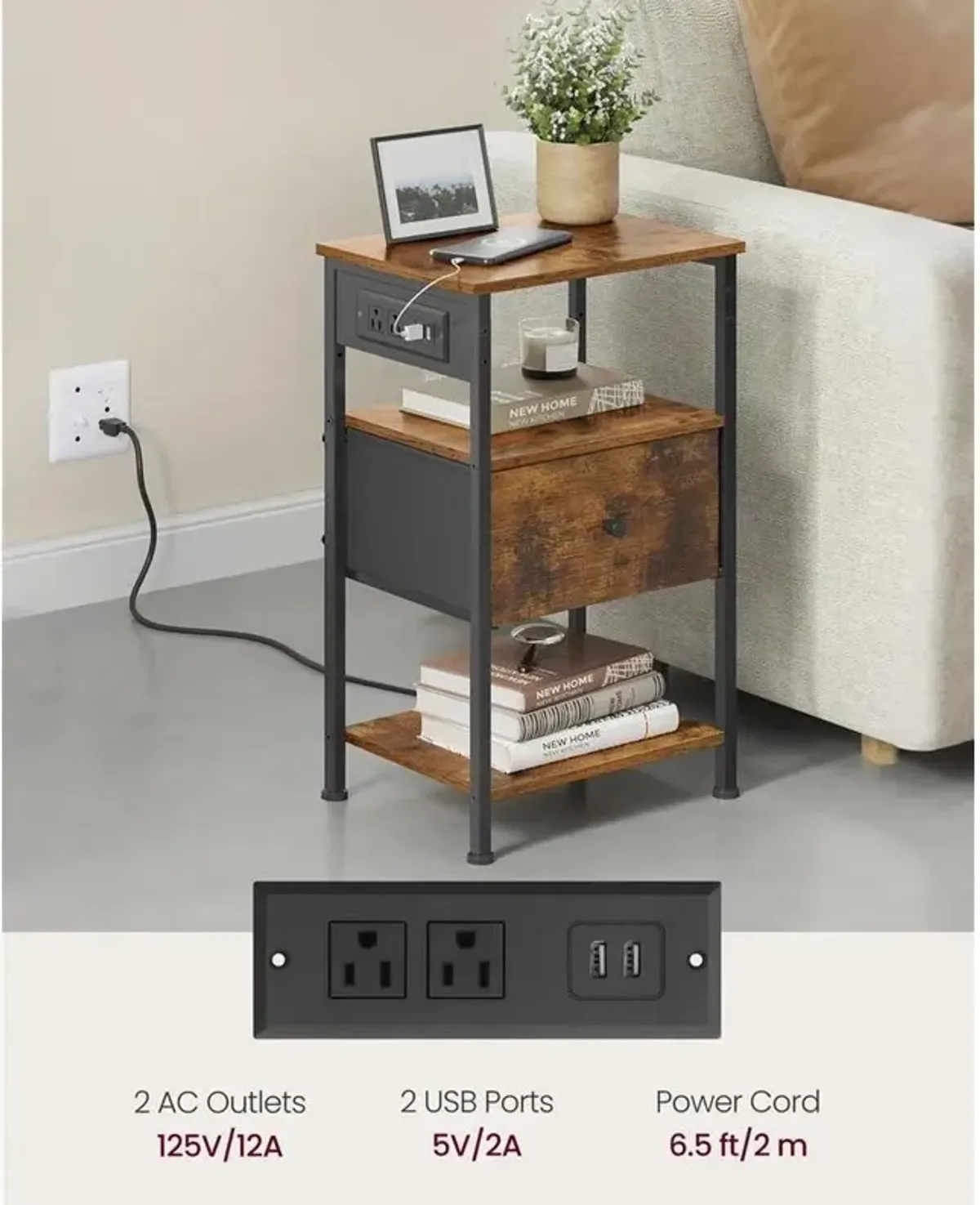 Nightstand with Built-In Charging Station and Storage for Modern Convenience