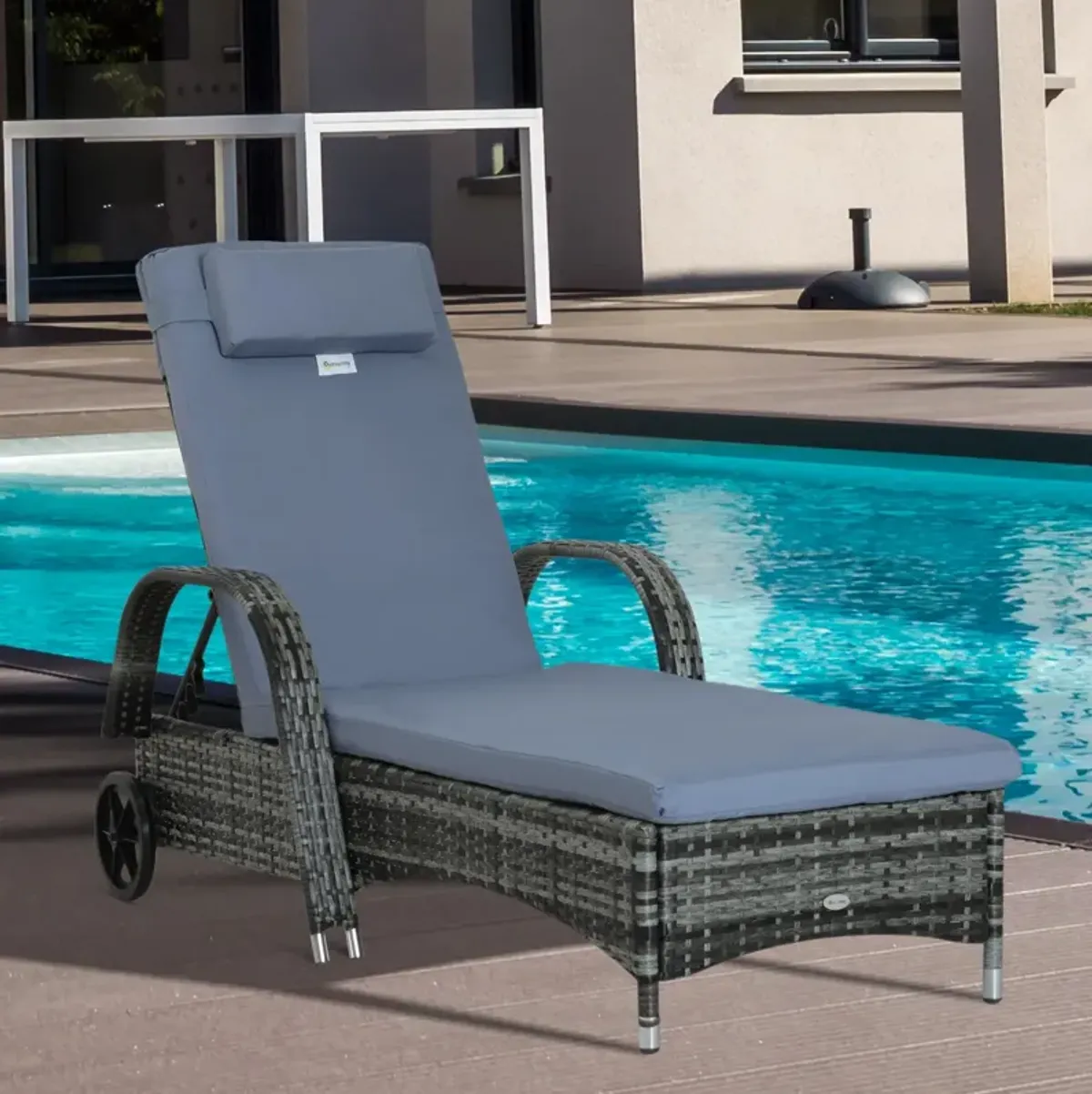 Grey Outdoor Lounger: Wicker Chaise with Adjustable Back and Wheels