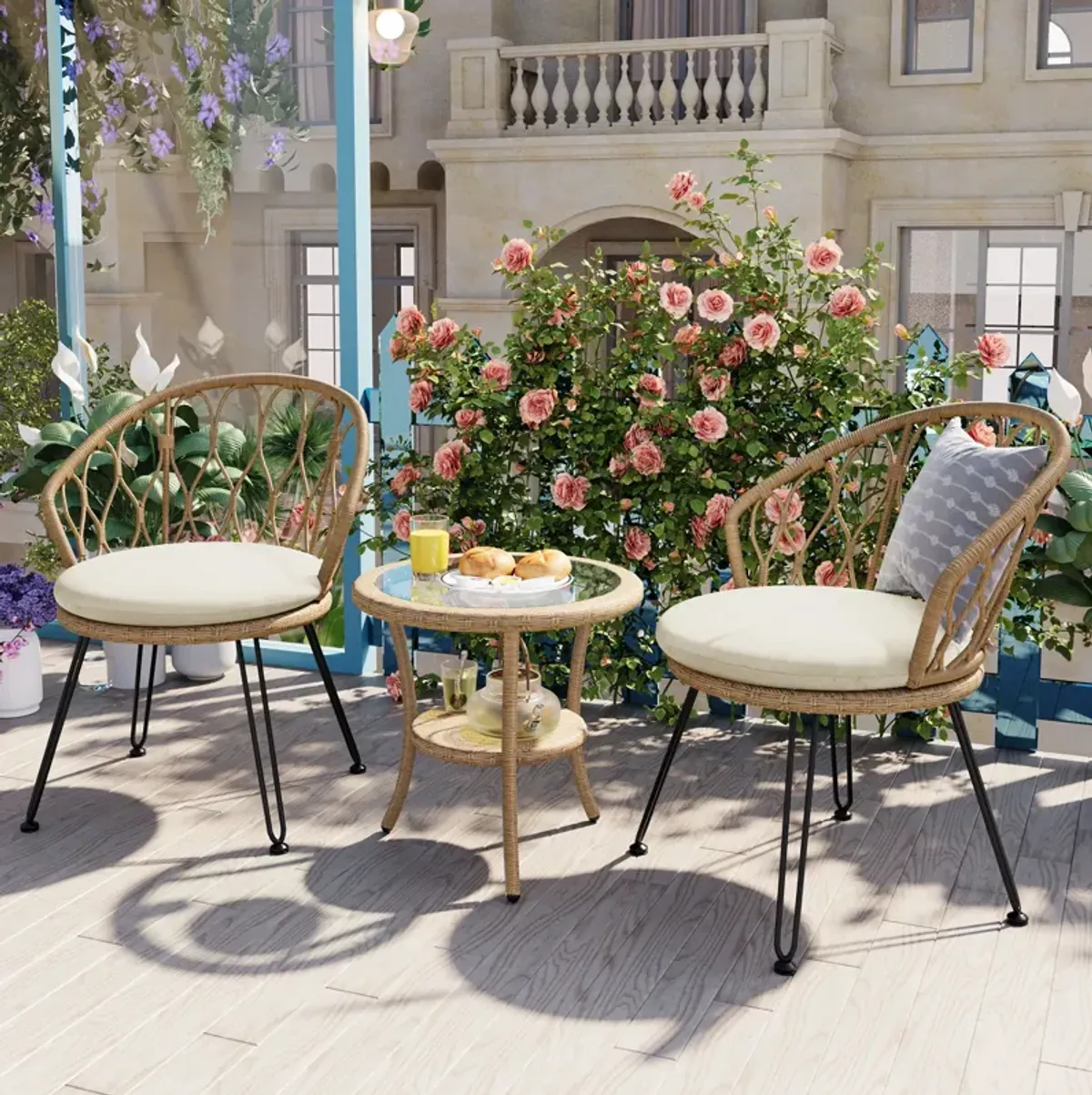Merax 2 Rattan Single Chairs with A Glass Round Table Outdoor Leisure Set